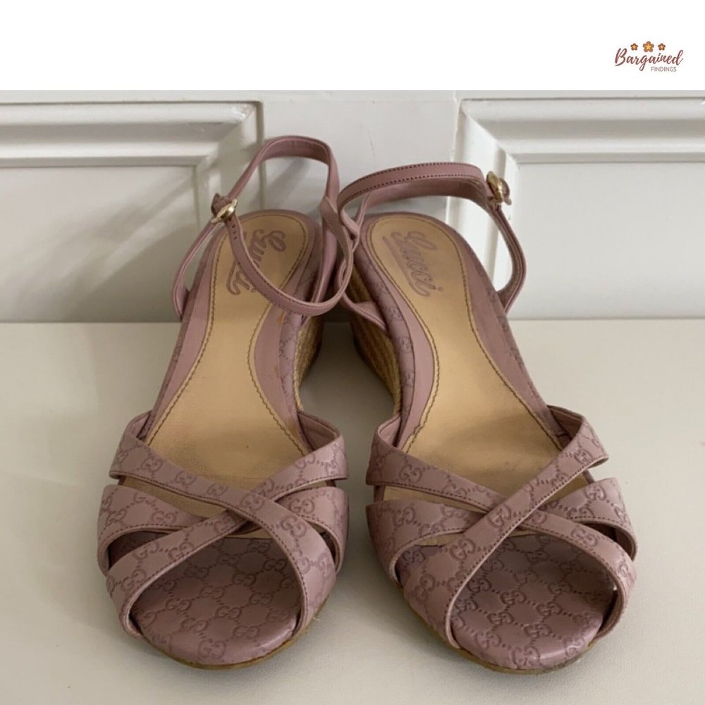 Authentic GUCCI Pink Micro-Guccissima Leather Wedge Espadrille Sandals 38.5/8.5 - Picture 13 of 14